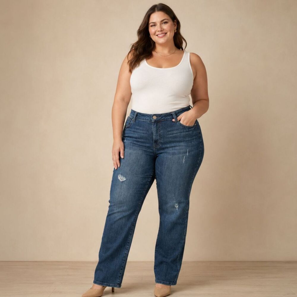 CAbi Mid-Rise Distressed Dark Wash Denim Jeans Straight Leg Size 14